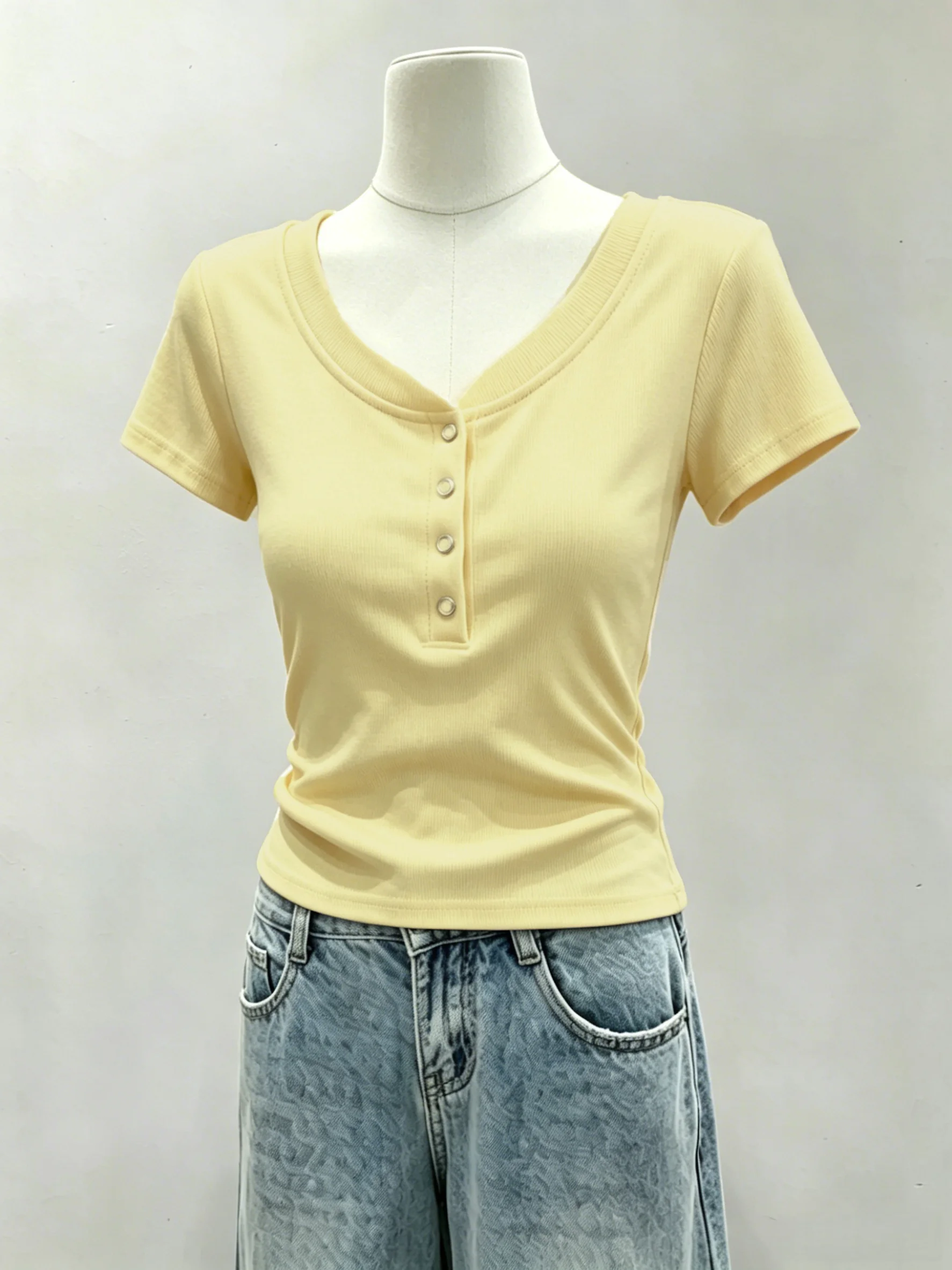 Summer Short Sleeve T-Shirt Women's 95 Cotton Button round Neck Slim Fit Henry Collar Casual Comfortable Breathable Top