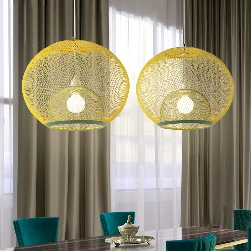Nordic Simple Iron Mesh Pendant Lamp Coffee Shop Creative Restaurant Macaron Double-layer Birdcage Chandelier Art Decor Lighting
