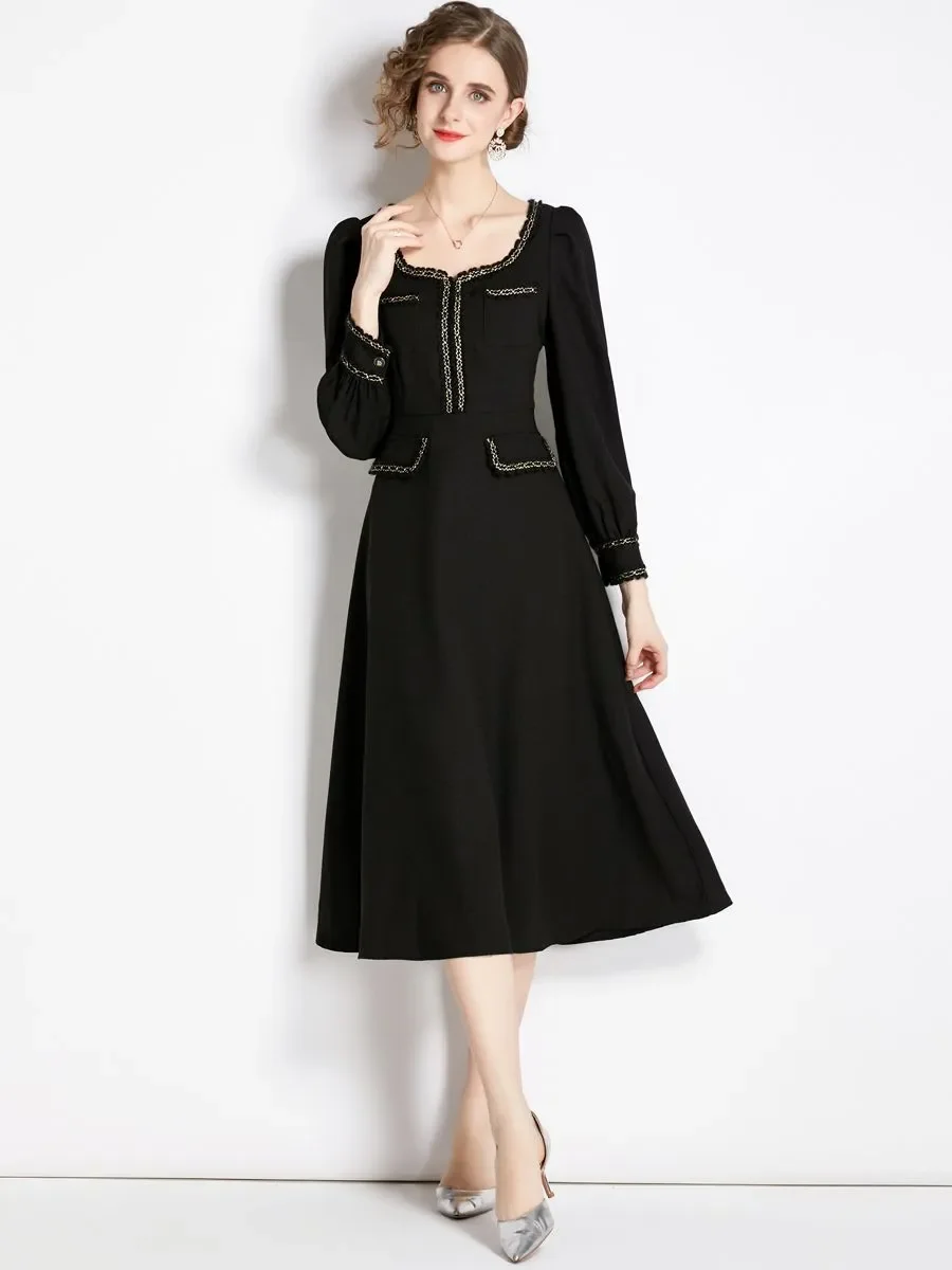 New Black Women Vintage Dress Long Puff Sleeve Square Collar Smock Weave Fringed High Waist A Line Mid Calf Length Vestido