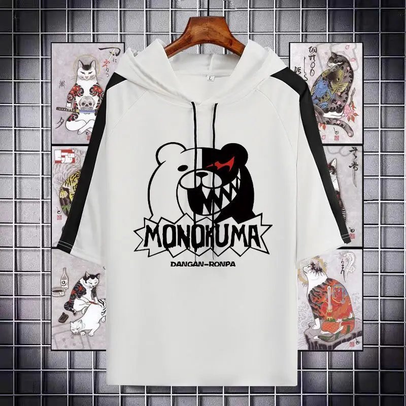 

Danganronpa Black White Bear Naegi Makoto Hooded Mid-Sleeve Anime Merchandise Men And Women Short Sleeve T-Shirt Trendy