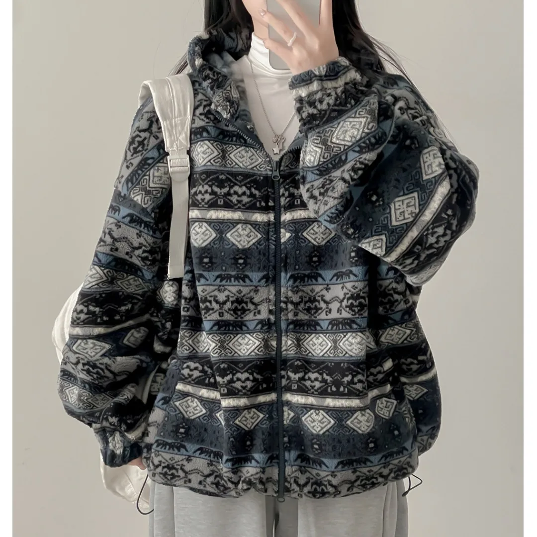 

Chic Retro Commuter Fair Isle Sle Women's Jaet with Dual Zipper And Hood Varng Sizes And Colors for Autumn Winter