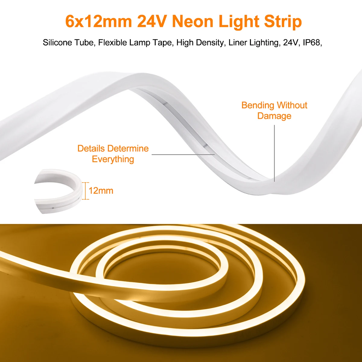 Solar Control 2835 Neon Light Strip 12MM PCB IP68 Waterproof Warm Natural White 120LEDs/m 24V Flexible High Density Linear Light