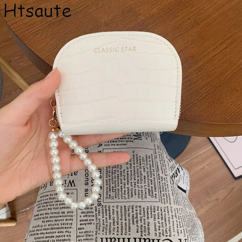 

High-Quality Women Wallets New Short Hasp Card Clips Brand Female Coin Purses Photo Holder Pearl Zipper Women Card Bags