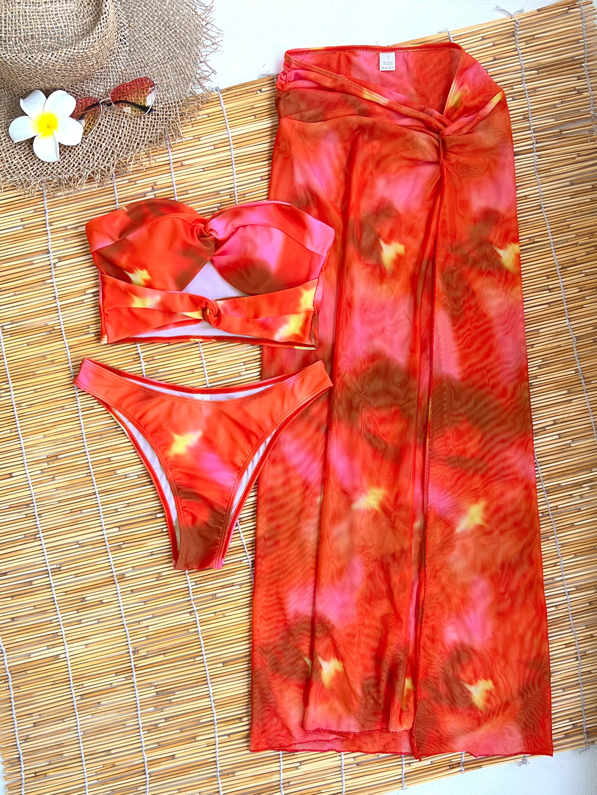 

2025 Sexy Tie-Dye Red Two-Piece Bikini with Sheer Cover-Up Women Swimwear Bathing Suit New Color Match Holiday Beachwear Female