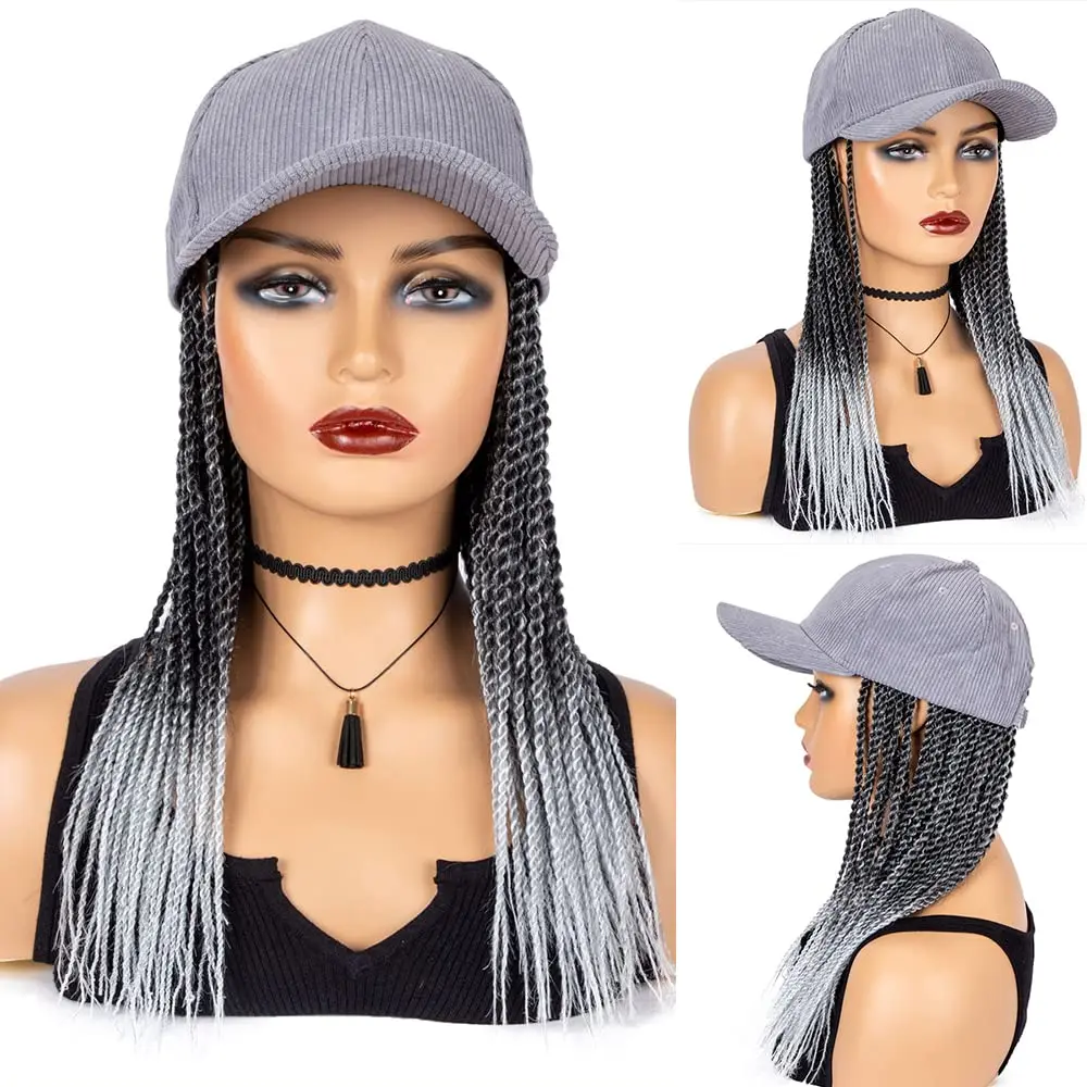 WIGERA Braided Baseball Cap Wig Low Price Sale Box Braid Hair Extensions With Hat Black and Silver Gray Synthetic Hair Cap Wig