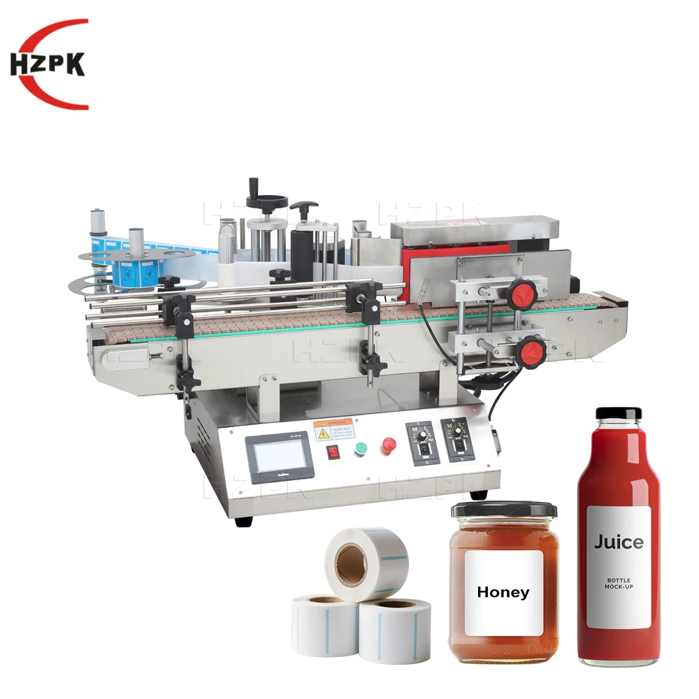 

HZPK TRLM-120A Table Automatic Water Drink Honey Glass Plastic Round Jar Bottle Sticker Roll Label Labeling Machine