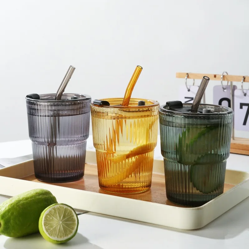 

400ml Stripe Glass Cup Transparent Glasses With Lid and Straw Ice Coffee Mug Tea Cup Juice Glass Milk Water Cup DrinkwareGifts