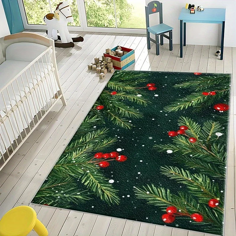 1‑Piece Christmas Pine Tree and Red Fruits Themed Print Area Rug, Easy‑Care Washable Floor Mat for Living Room, Bedroom