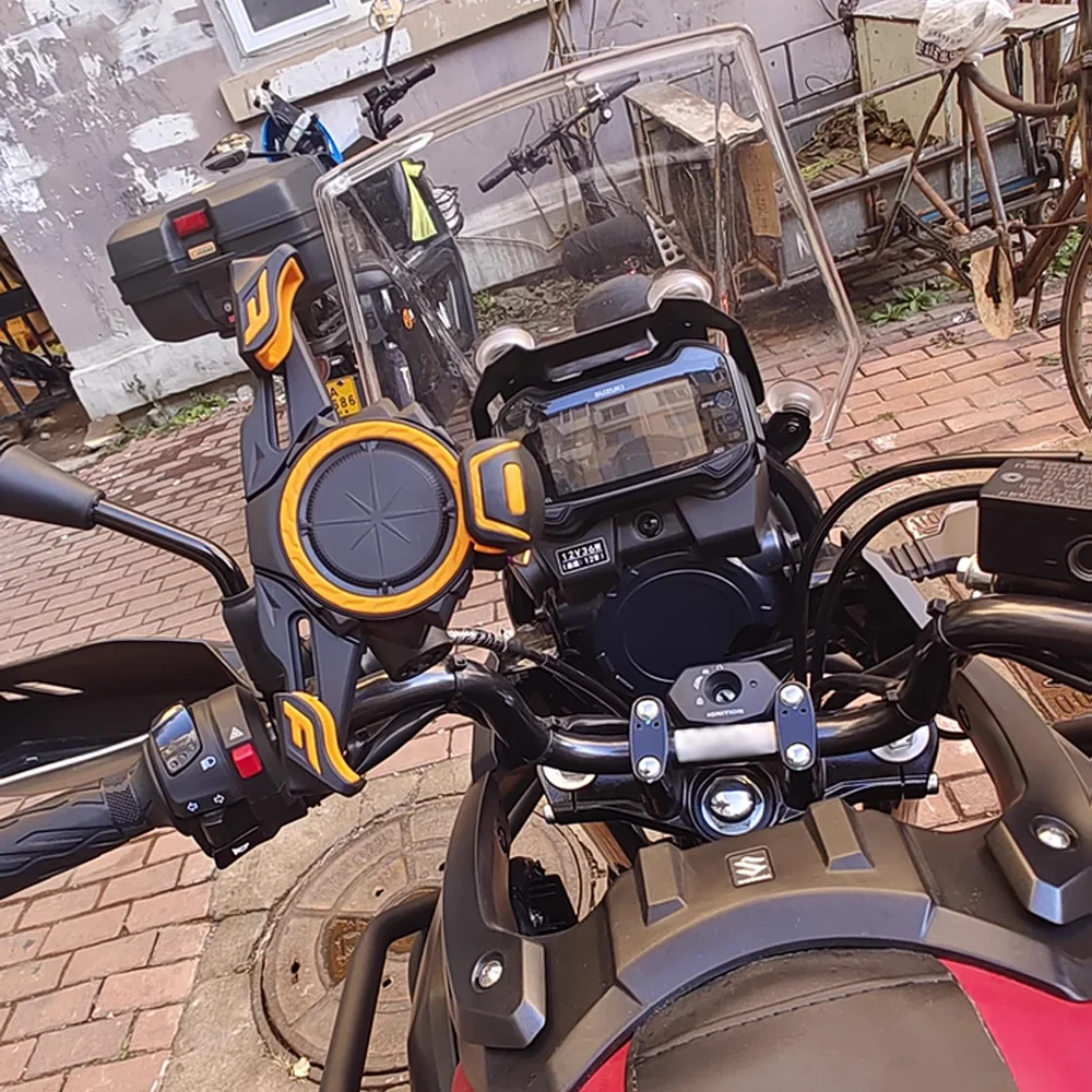 Motorcycle Phone Mount with Wireless Charging 4-Column Shock Absorption for E-bike Scooter Electric Vehicle Bicycle Skateboard