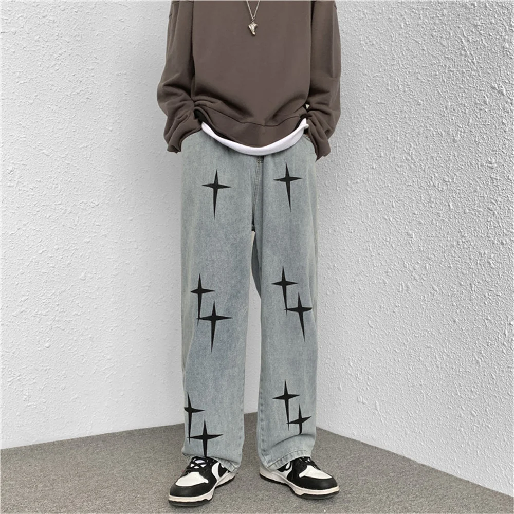 Star Embroidered Black Jeans Men's Fashion Brand Straight Loose Hip Hop Fried Street Pants  men jeans Wide Leg Pants Streetwear