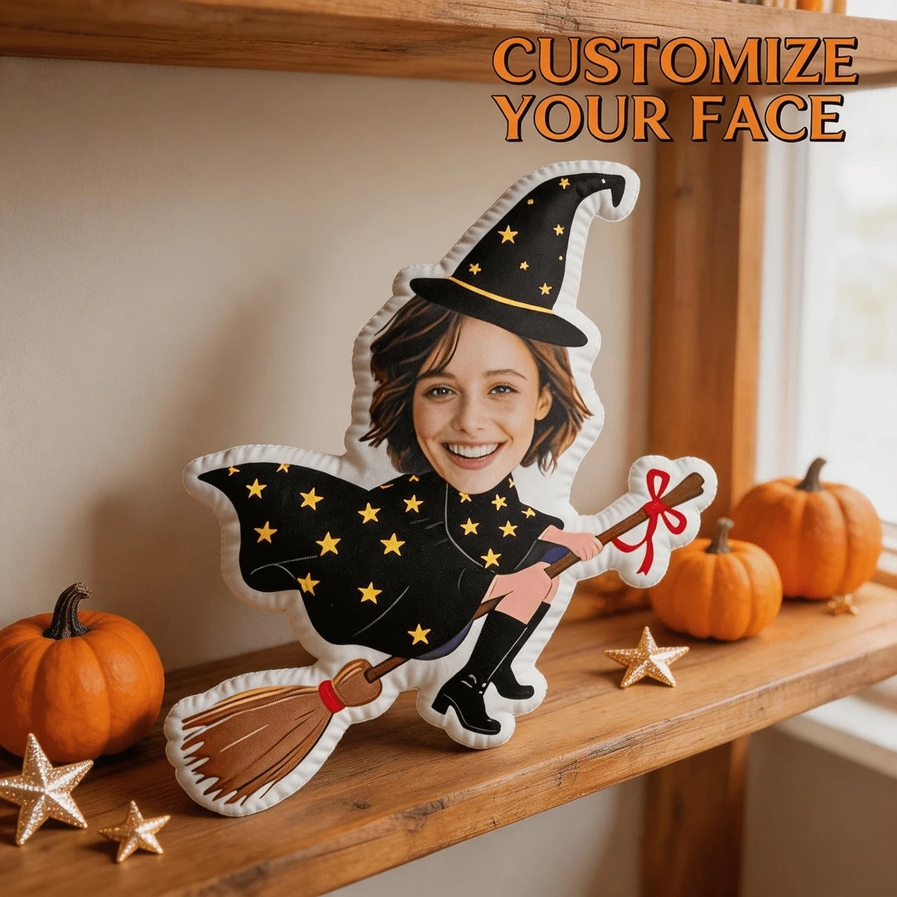 Custom Photo Witch-Shaped Pillow, Personalized Face on Cartoon Wizard Costume with Broomstick, Decorative Cushion for Sofa And B