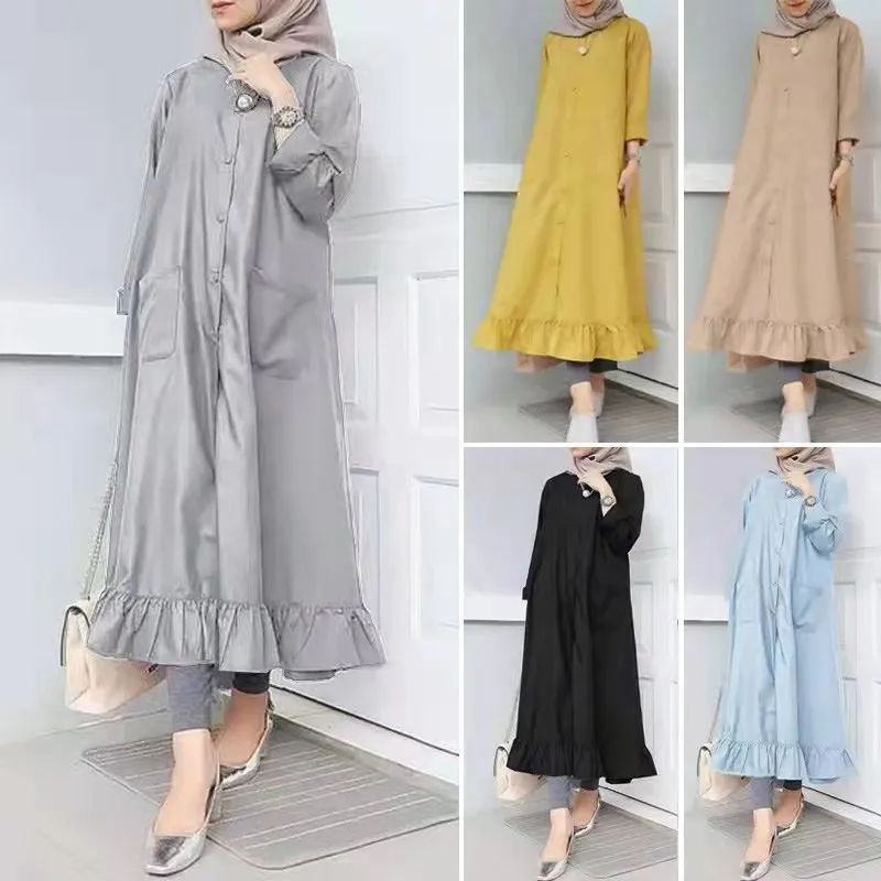 Long Sleeve Ruffled Hem Dress, Muslim Fashion, Round Neck, Button Access Pocket, Islam Gown, Large Hem, New