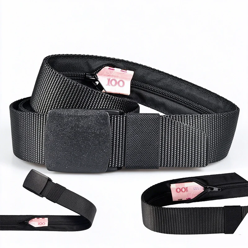 Travel Cash Anti Theft Belt,Outdoor Safety Hidding Money Pants Belt with Zipper for Men Male Use,Nylon Secret Pocket Waist Strap
