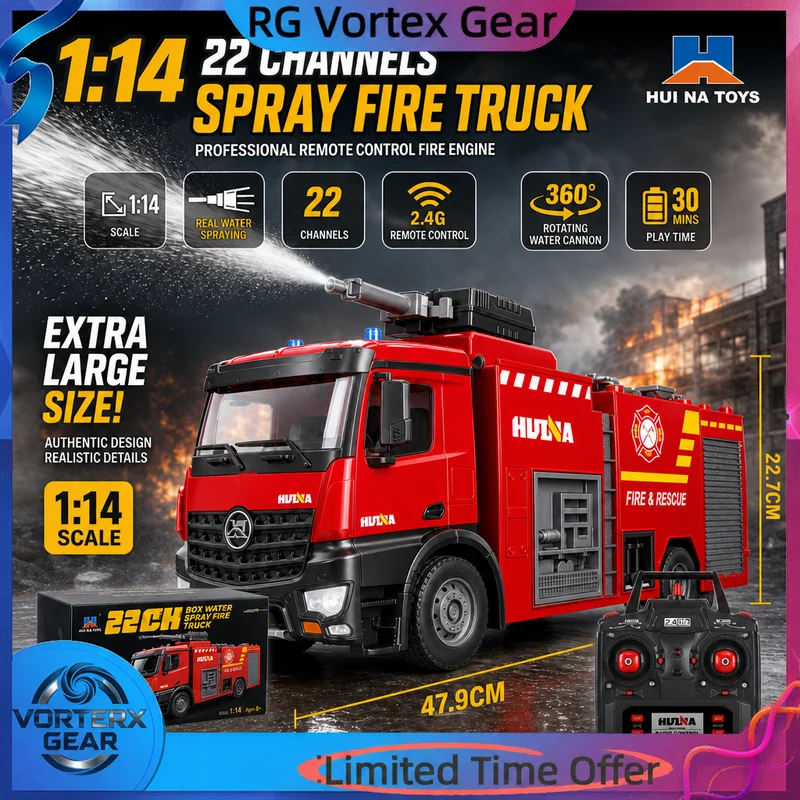 【In Stock】Hot Huina 1562 Remote Control Car 1:14 Full Proportion 22 Way Oversized Sprinkler Ladder Fire Truck Engineering Toy