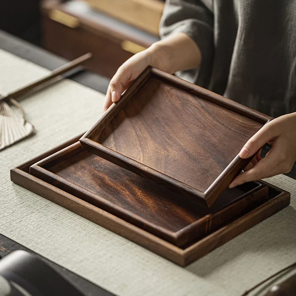 Elegant Wooden Rectangular Tea-Tray Solid Wood Tray Tea Cups Trays Stand Tray Wooden Hotel Dinner Plates Storage-Tray Tableware