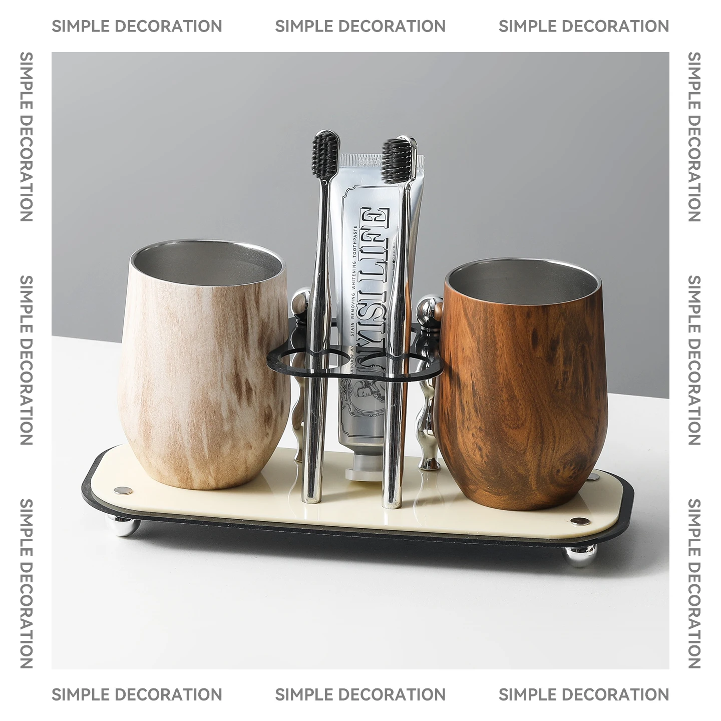

Набор стаканов для зубных щеток из нержавеющей стали с текстурой дерева, в скандинавском стиле, креативный держатель для зубных щеток для ванной комнаты