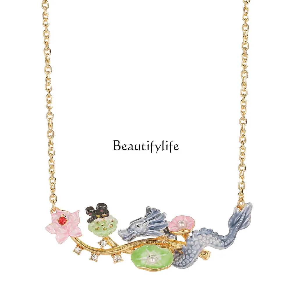 

Original enamel color glaze animal collarbone chain pearl lotus leaf flower small blue dragon butterfly necklace female