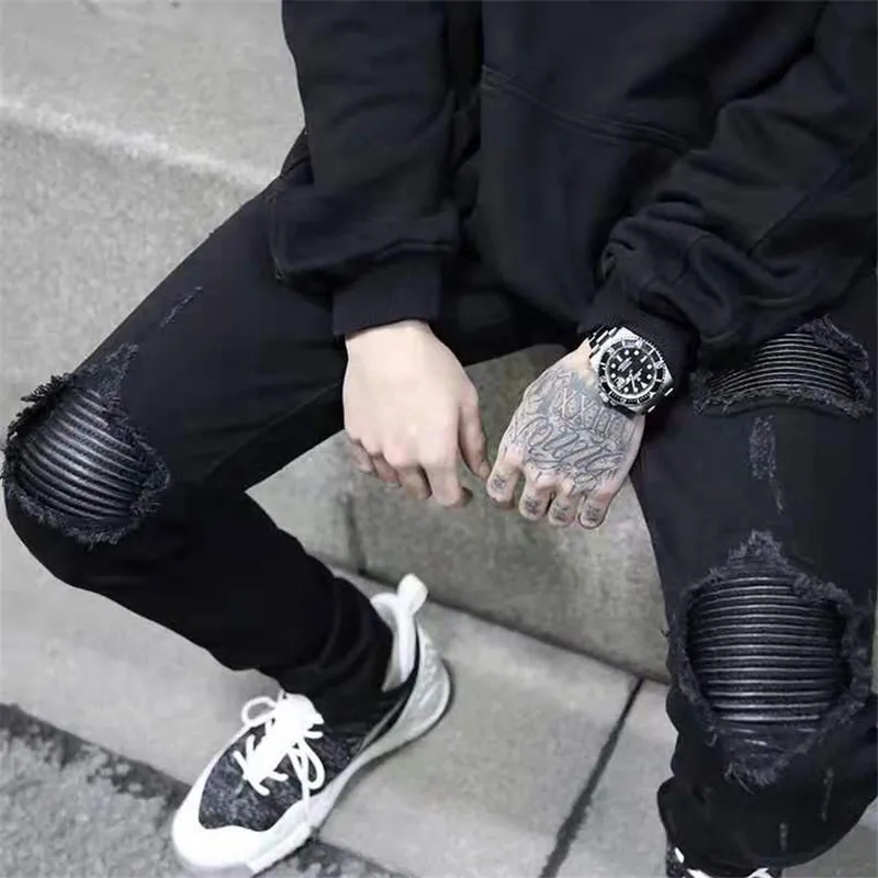 Leather Patchwork Pleated Men Jeans Punk High Street Holes Jean Male Trend Slim Beggar Pant Long Pants