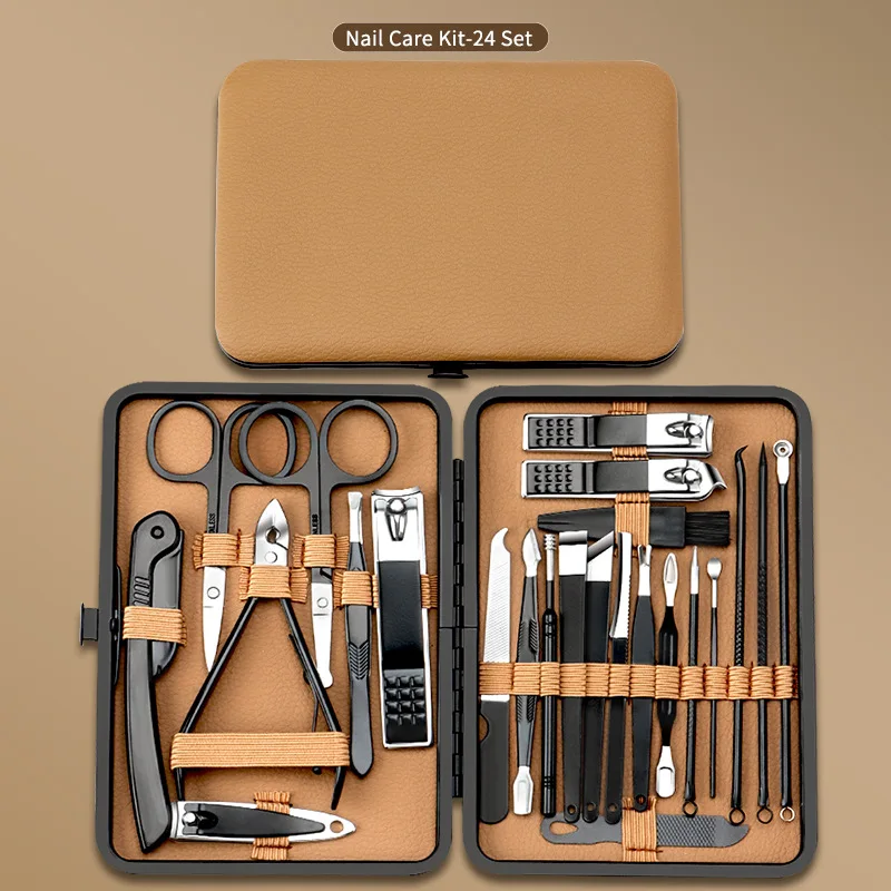 Premium Half Black Stainless Steel Manicure Set, 7-24 Pcs Multi Size Nail Clipper Kit Pedicure Grooming Tools for Home Travel