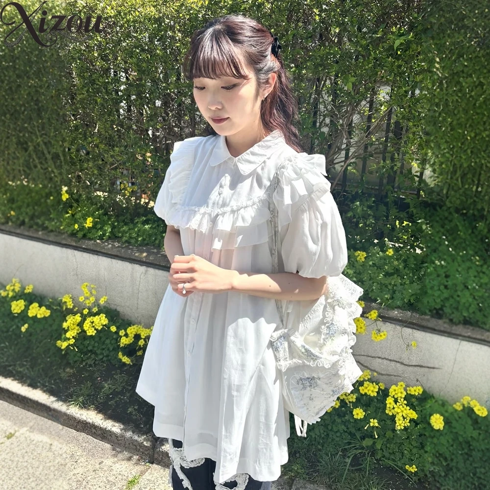 일본식 가슴 프릴 신선한 줄무늬 버드 짧은 소매 드레스 여성용 여름 허리 치핑 캐주얼 셔츠 드레스 Sweet