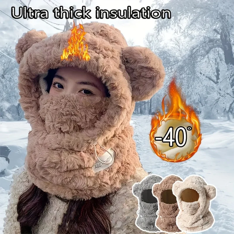 Thickened Plus Velvet Soft Autumn Winter Beanie Hat Fully Warm Cycling Ski Hat Riding Warm Bear Integrated Set Scarf Mask