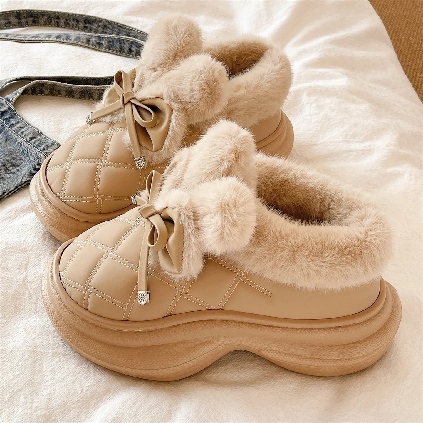 

Thi Bot Plu Lined Winter Snow Boots Women's Cotton oes with Bow Knot Warm Cozy Indoor Outdoor Wear Waterproof