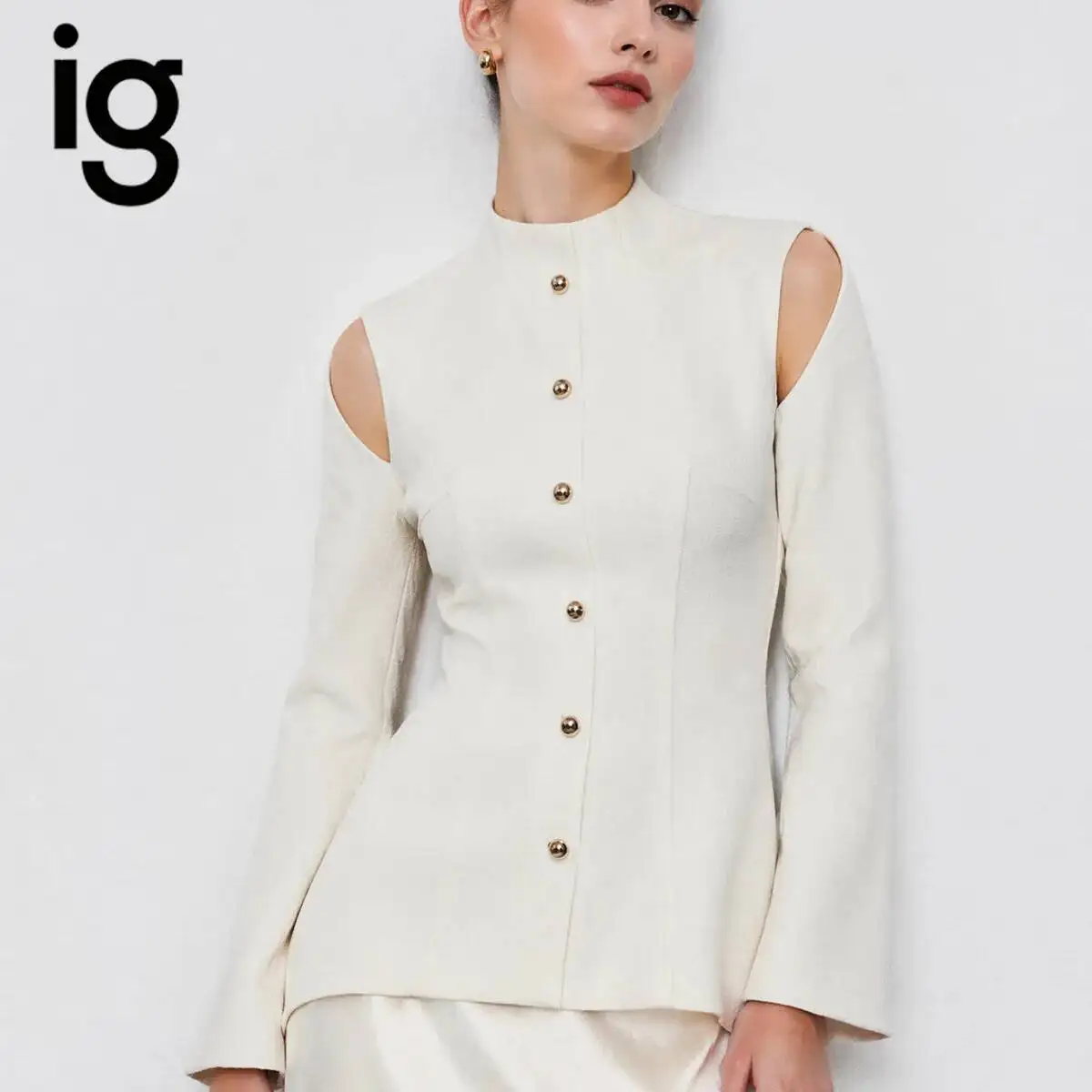 IG 2026 Women's Stand Collar Cold Shoulder Long Sleeve Top, Vertical Metal Button Front Slim Cinched Waist Tailored Fitted Cut