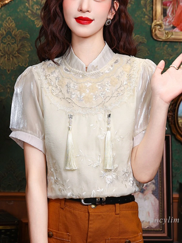 

New Chinese Style Embroidery Short-Sleeved Blouse Women's Summer Design Niche Temperament Unique Chic Chiffon Shirt Apricot Top