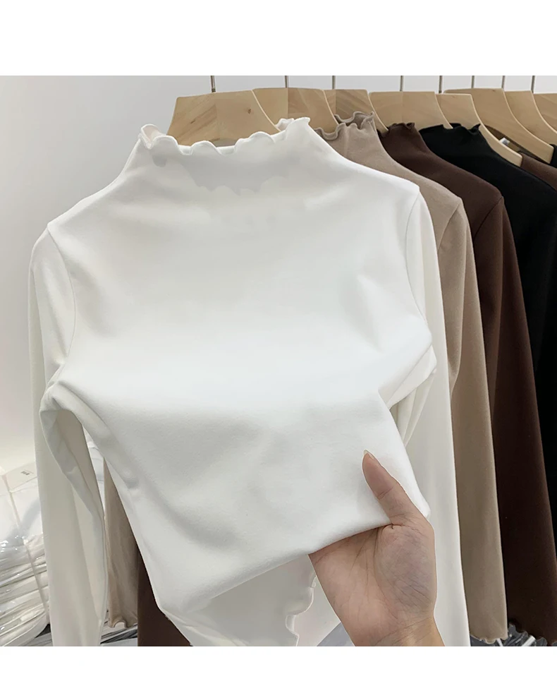 تي شيرت نسائي مزدوج الجوانب من الف fce السميك، تصميم نحيف، ياقة نصف عالية، قميص داخلي، حواف بتصميم خشبي، ألوان نقية، موضة ...