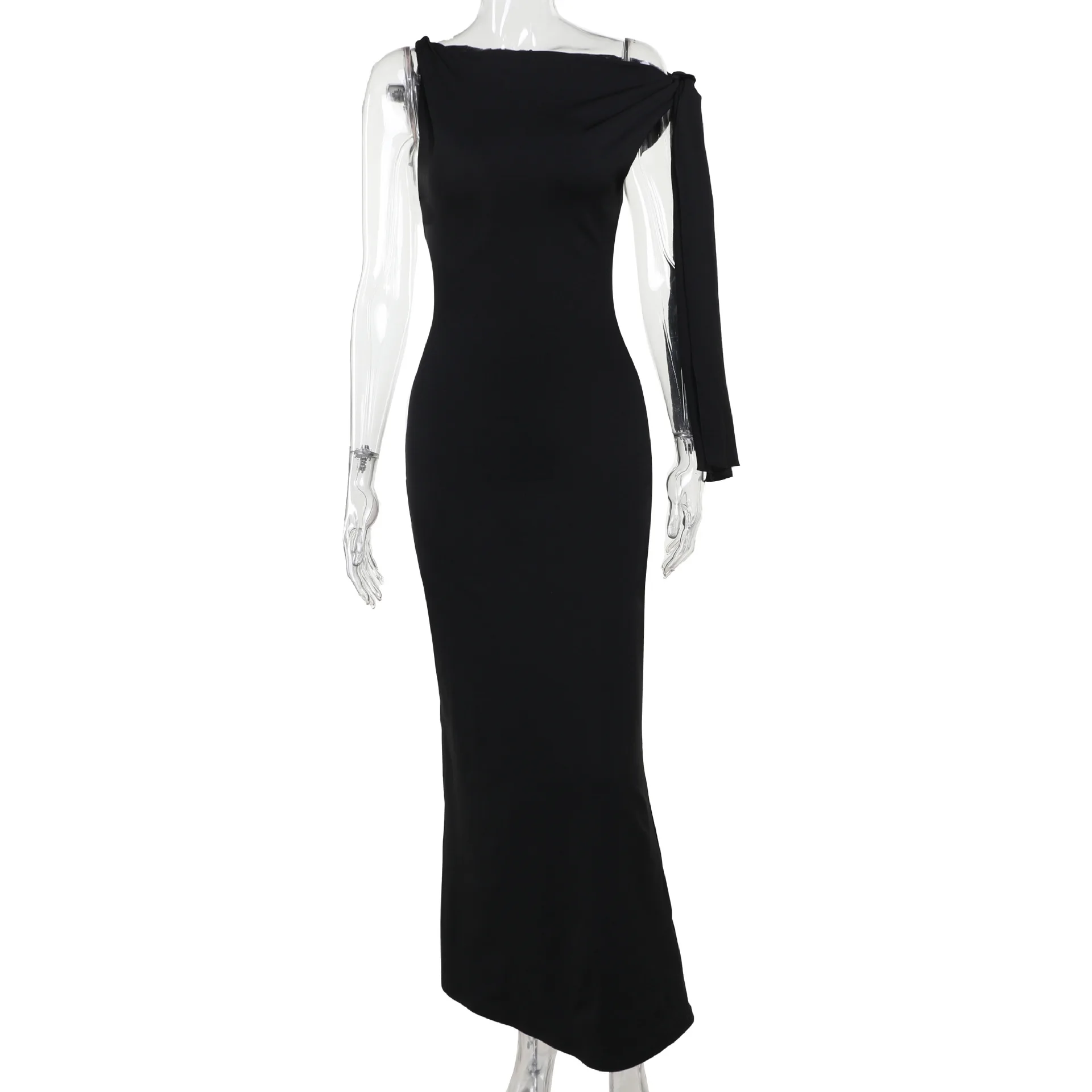 Zwarte Bodycon Elegante Slanke Eenvoud Vrouwen Maxi Jurk 2024 Mode Een Schouder Veterlint Vintage Lange Jurk Kleding