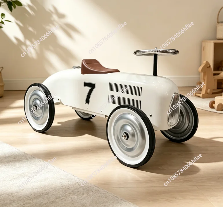 Ins Nordic Vintage Tin Kids Four-Wheel Scooter, Children Toy Car for Parent-Child Restaurant & Photography Prop