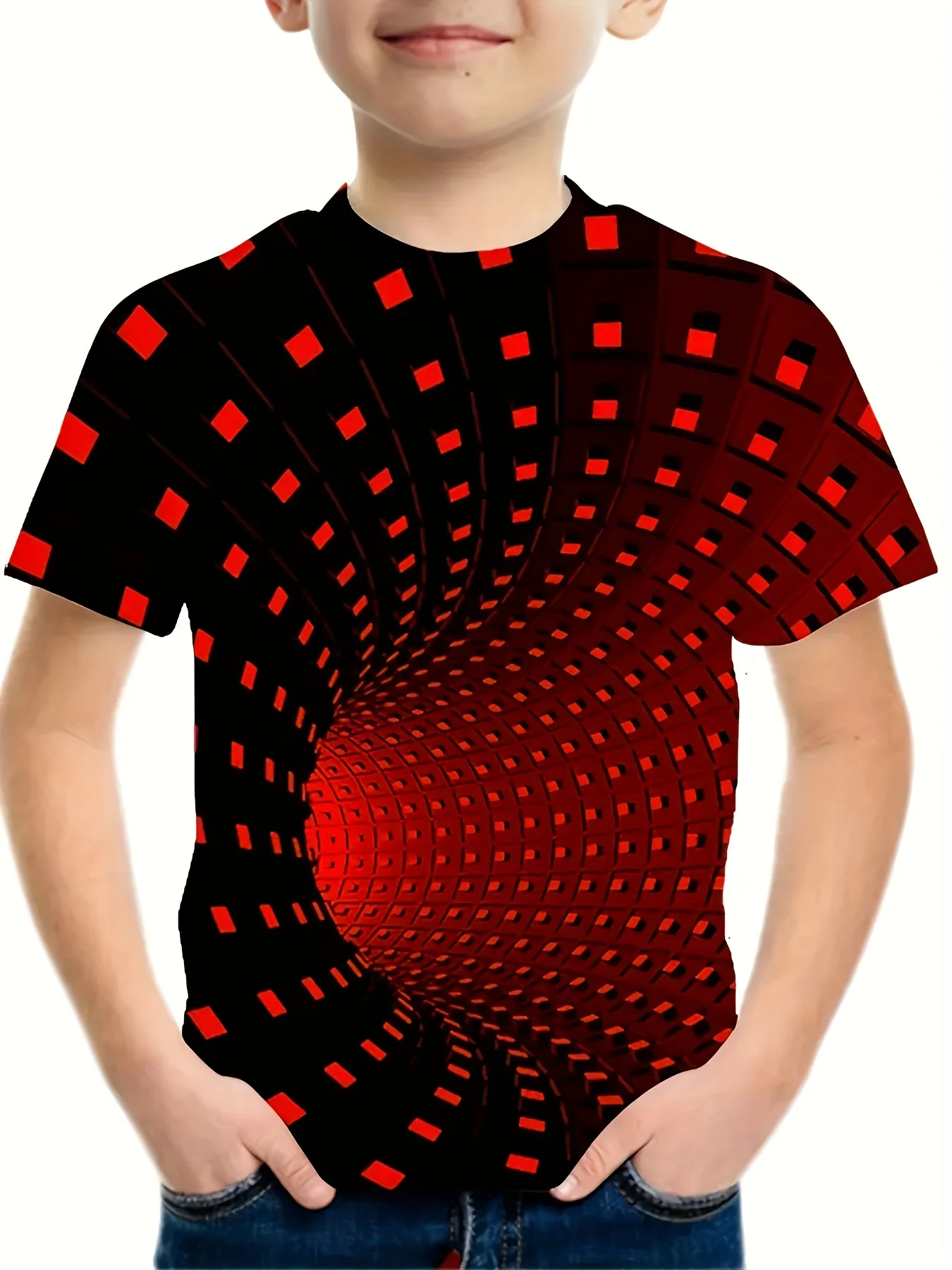 

Children's 2025 Summer 3D Red Whirlpool Short Sleeve Casual Fashion T-shirt for Boys