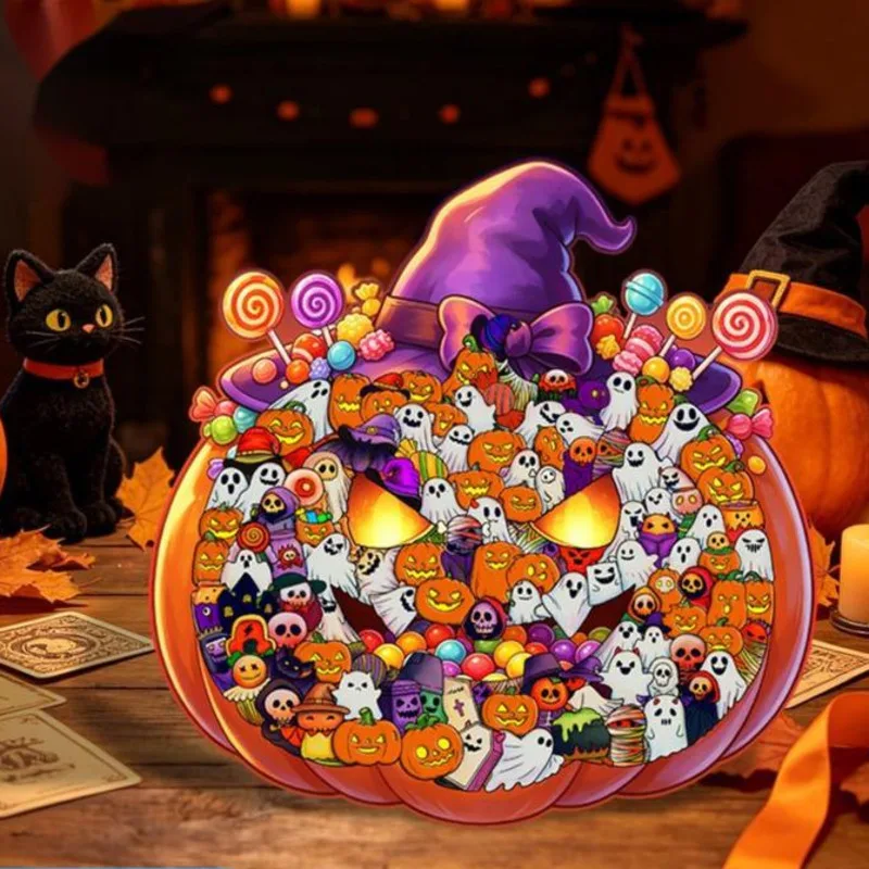 Halloween Pumpkin Shaped Wooden Jigsaw Puzzle Unique Irregular Ghost Candy Pieces DIY Assembly Toy Home Party Decoration Gift
