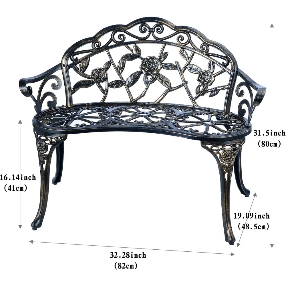 Patio Balcony Bench Double Seat, Anti-Rust Cast Aluminum Patio Garden Bench for Park Yard Outdoor Furniture Copper