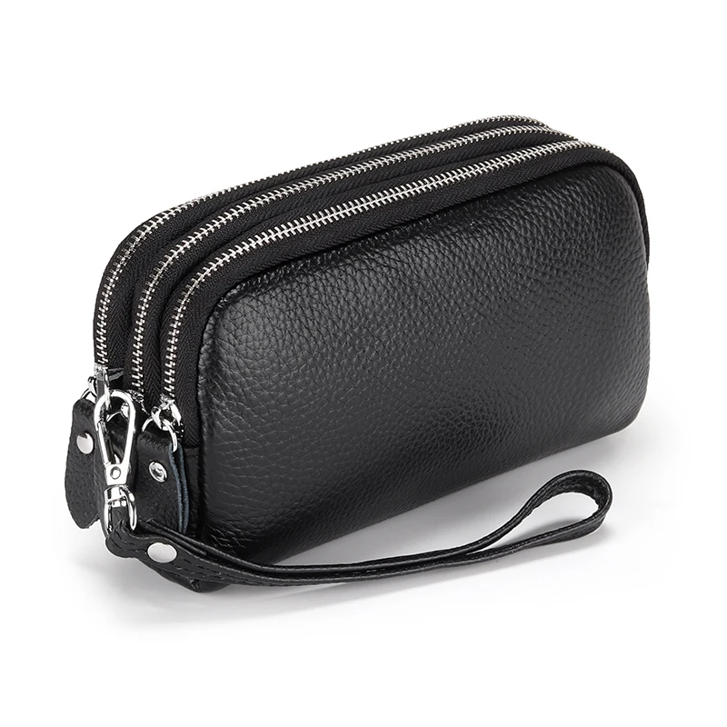 

Hot Selling Women Long Clutch Wallets Genuine Leather with Wristlet 3 Zippers High Quality Cowhide Ladies Wallet Large Capacity