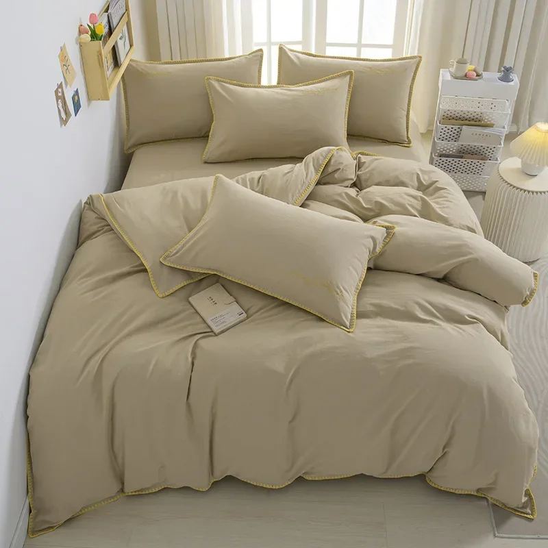 150/180/200CM Light Coffee Color Water Wash Cotton Bed Sheet Duvet Cover Pillowcase Four-piece Spring Autumn Bedding Set M063-7