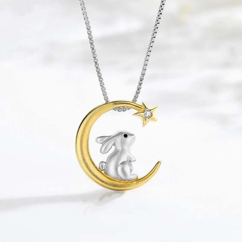 Foydjew New Fashion Cute Moon Rabbit Pendant Necklaces Clavicle Chain Women Creative Design Bunny Animal Jewelry Birthday Gifts