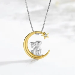Foydjew New Fashion Cute Moon Rabbit Pendant Necklaces Clavicle Chain Women Creative Design Bunny Animal Jewelry Birthday Gifts