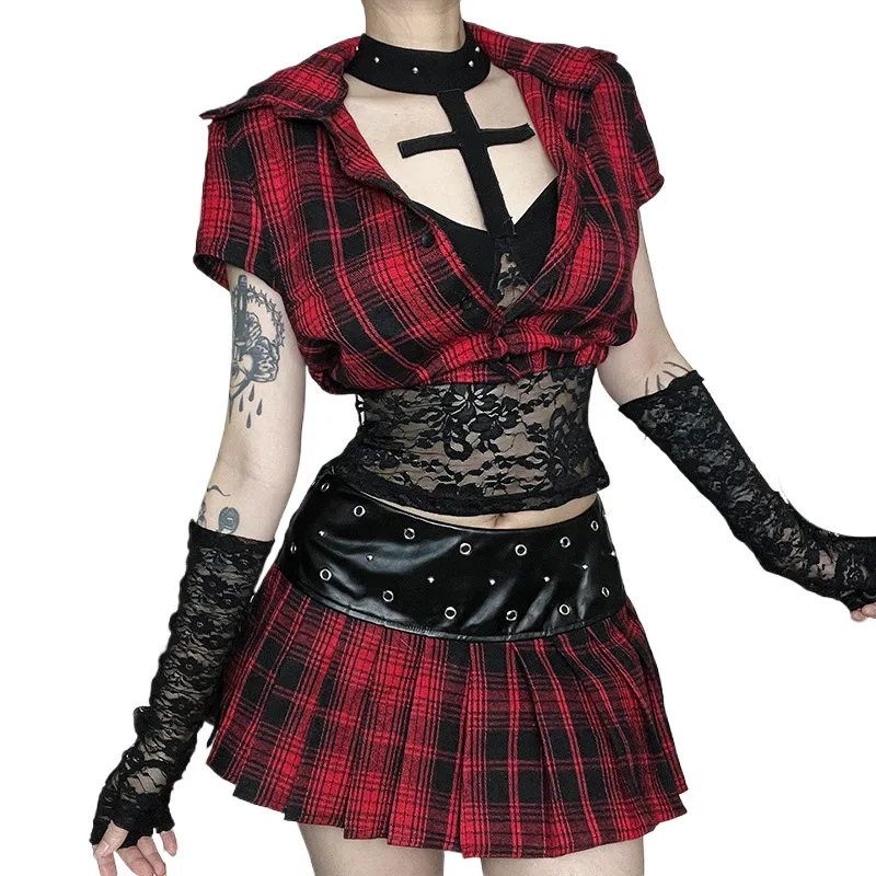 

2025 New Retro Dark Academia Gothic Skirt Women Y2k E-girl 2000s Punk Pu Eyelet Patchwork Low Waist A-line Pleated Skirts Female