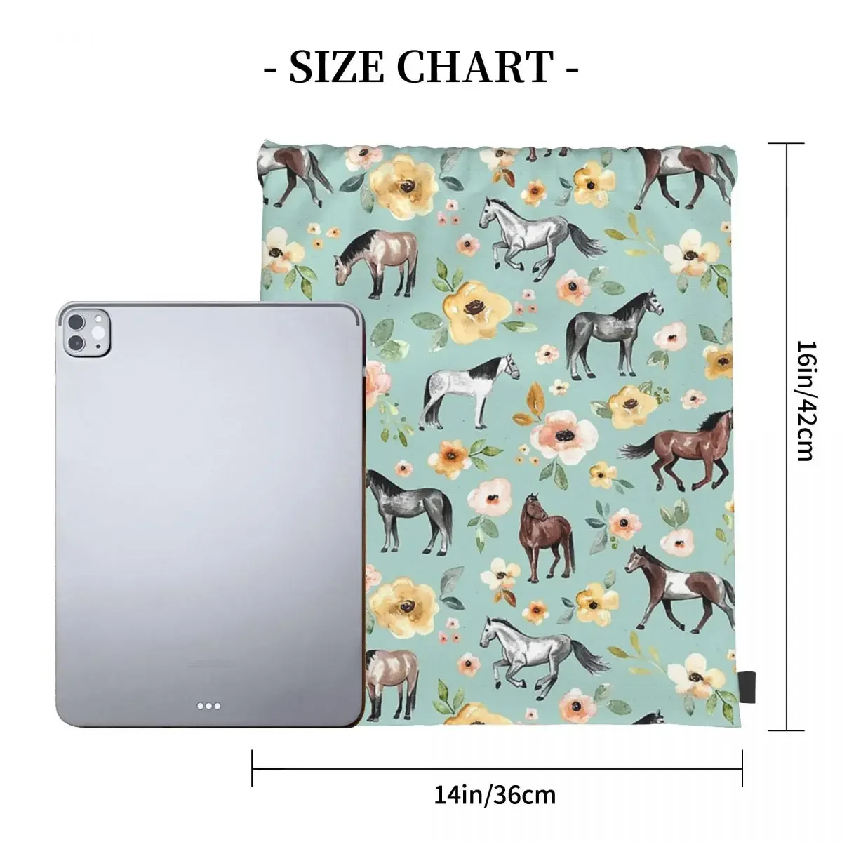 Horses With Flowers, Sunrise Floral, Blue, Horse Decor Backpacks Drawstring Bags Drawstring Bundle Pocket Sports Bag BookBag