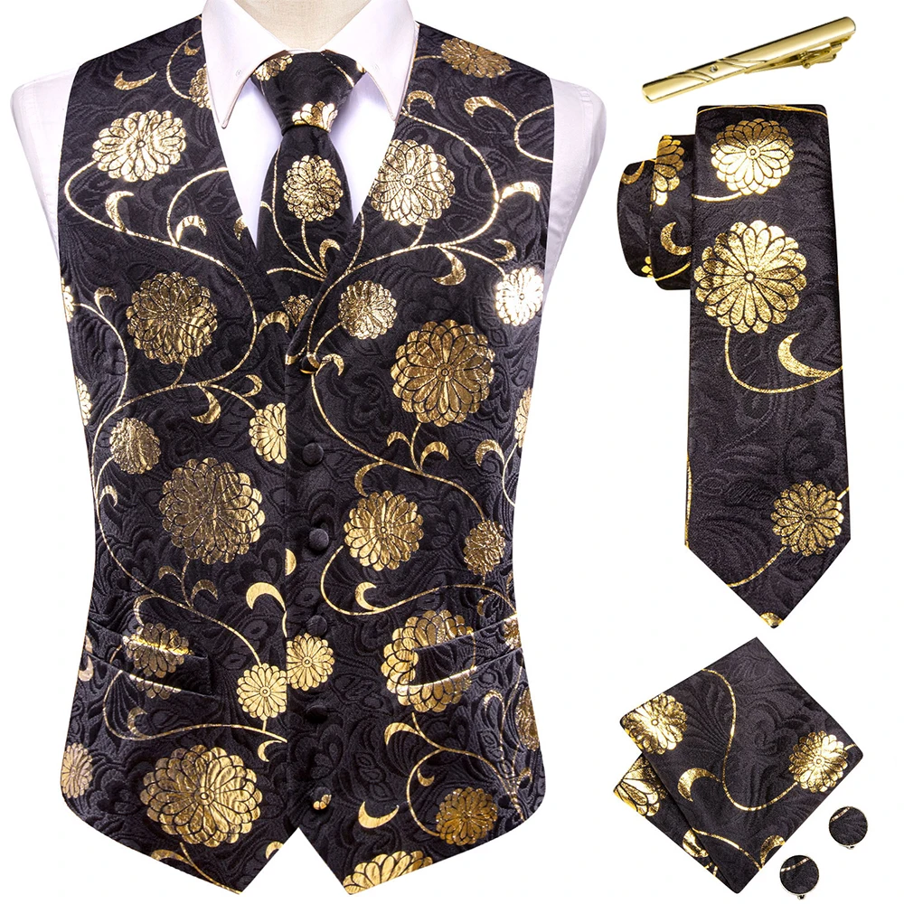 Black Gold Men's Silk Vest Fashion Sleeveless Jacquard Waistcoat Jacket Necktie Hanky Cufflinks Business Wedding Designer Hi-Tie