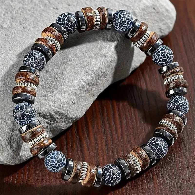 Vintage Black Gallstone Wood Chip Weathered Beaded Bracelet Men's Elastic Stretch Handmade Jewelry Gift