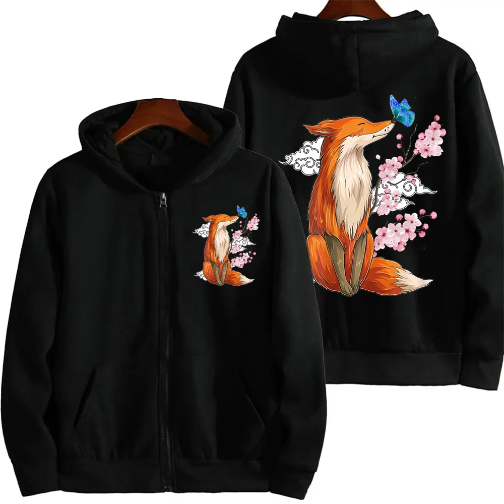 High Street Fox Hoodie Women Zip Up Long Sleeve Jacket Coats Cherry Blossom Harajuku Casual Hooded Sweatshirt Y2K Streetwear