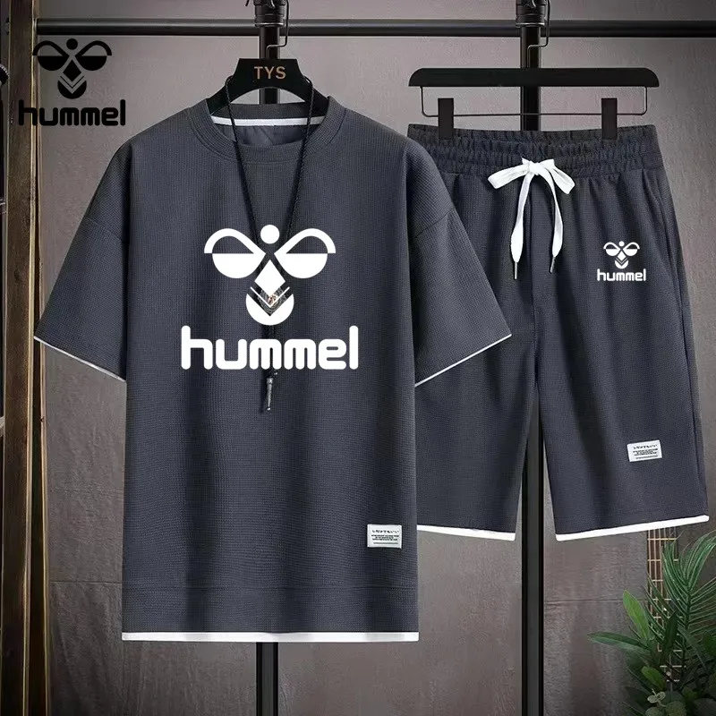 2024 New Summer Luxury Brand HUMMEL Short Sleeve Luxury Sportswear Men\'s Fitness Fashion Casual T-shirt + Shorts 2 Sets