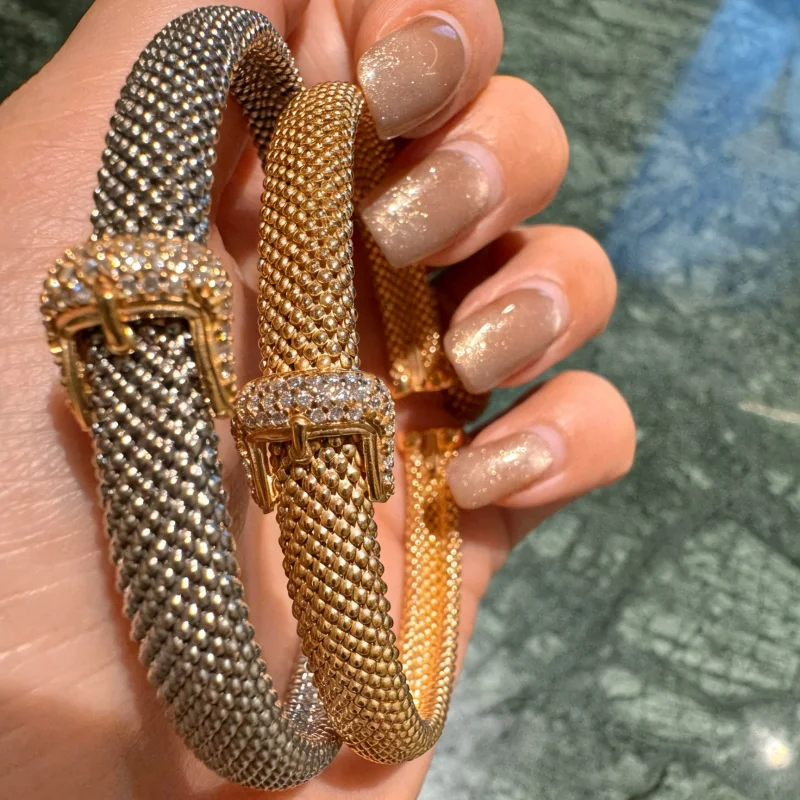 Bellux 925 Sterling Silver Mesh Bracelet for Women Gold‑Plated Belt Buckle Bangle Sparkling Cubic Zirconia Adjustable Design