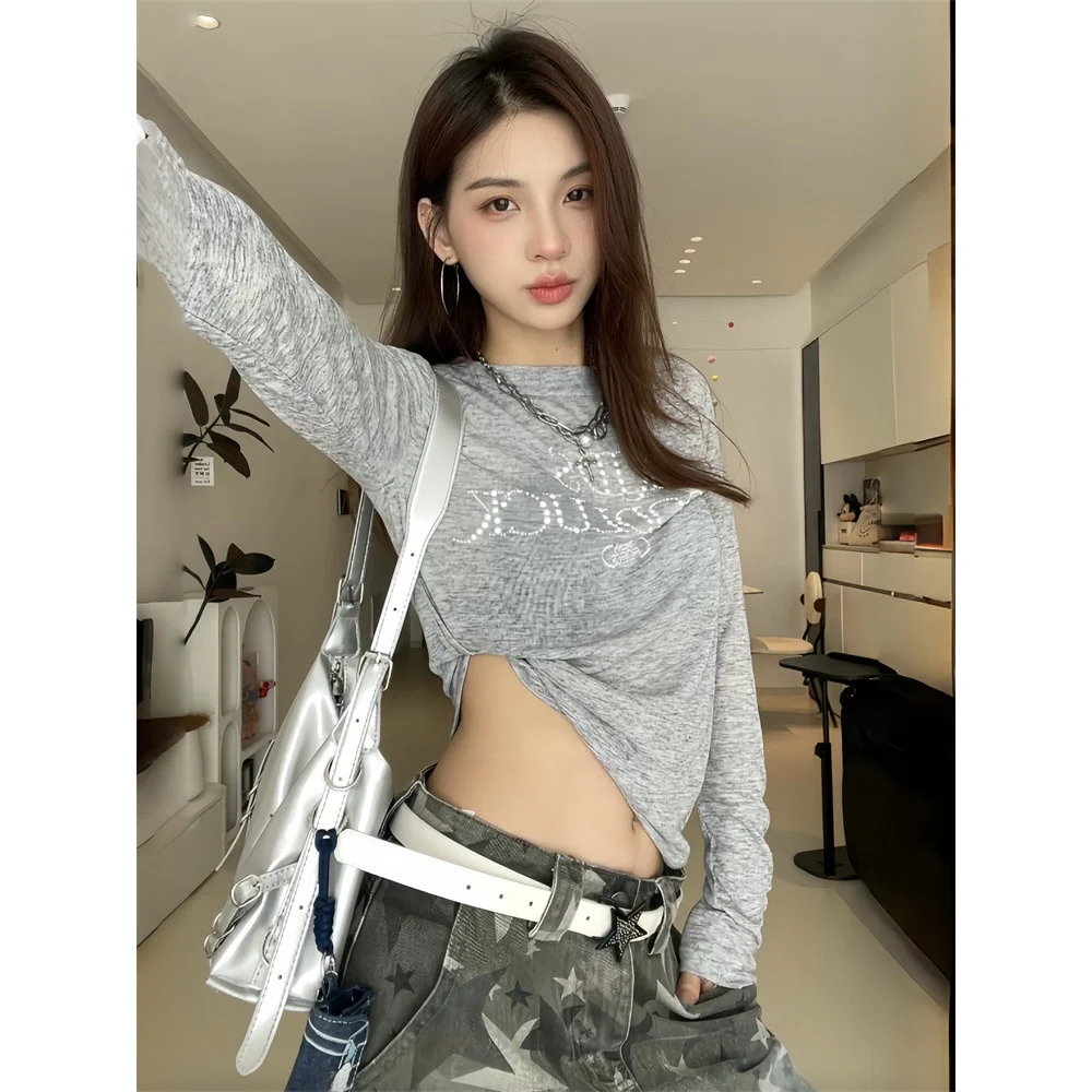 Retro American Rhinestone round Neck Long Sleeve T-Shirt Cover up Women Early Autumn New Super Beautiful Unique Lovely Top
