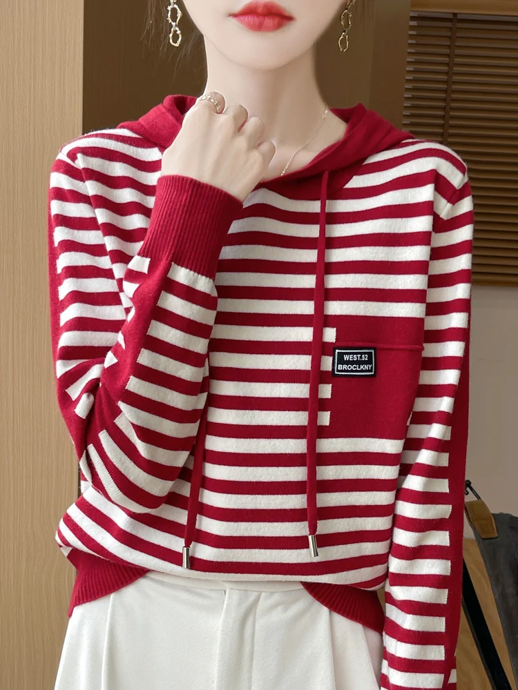 New Fashion Autumn/Winter Soft Wool Knit Hooded Top For Women Pullover Two-Color Striped Long-Sleeved Hooded Sweater DMR500 2