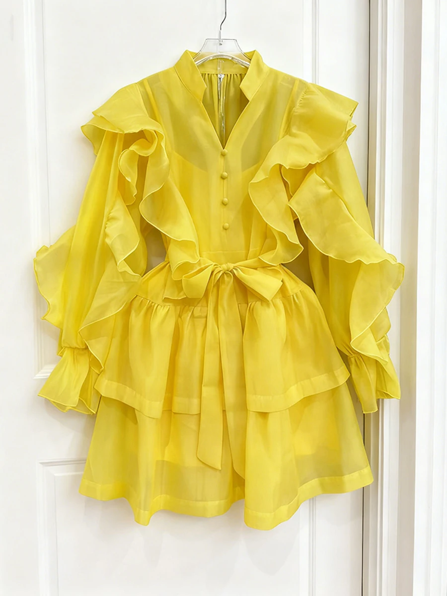 VGH الفرنسية الحلو المرقعة Bowknot فستان قصير للنساء الخامس الرقبة طويلة الأكمام عالية الخصر الكشكشة فساتين الشيفون الإناث ربيع جديد