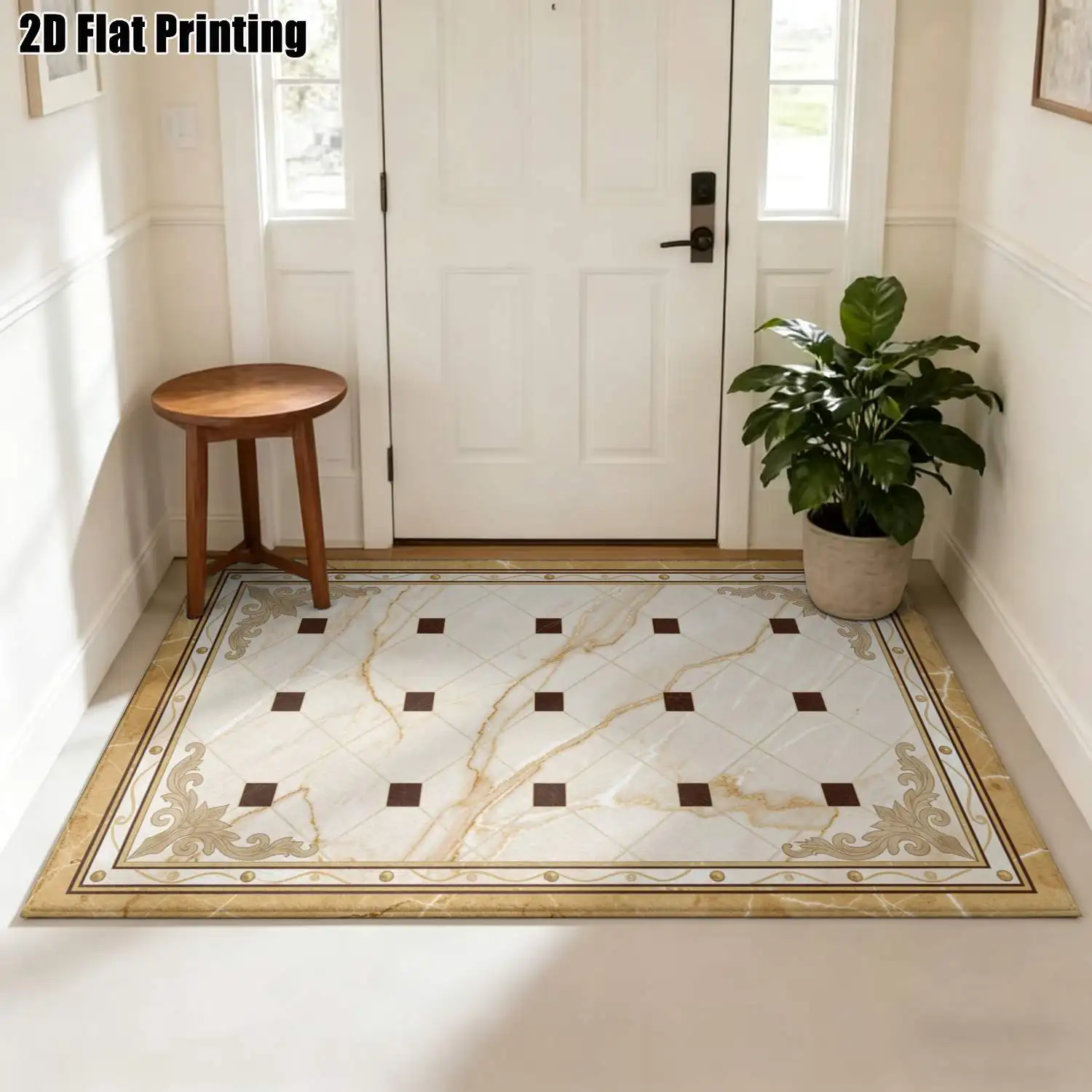 1Pc 2D Printed Beige Brown Geometric Pattern Carpet: European Modern Minimalist Home Decor Rug, Multi-Size, Machine Washable, for Entrance, Dining, Foyer, Study, Living, Bedroom