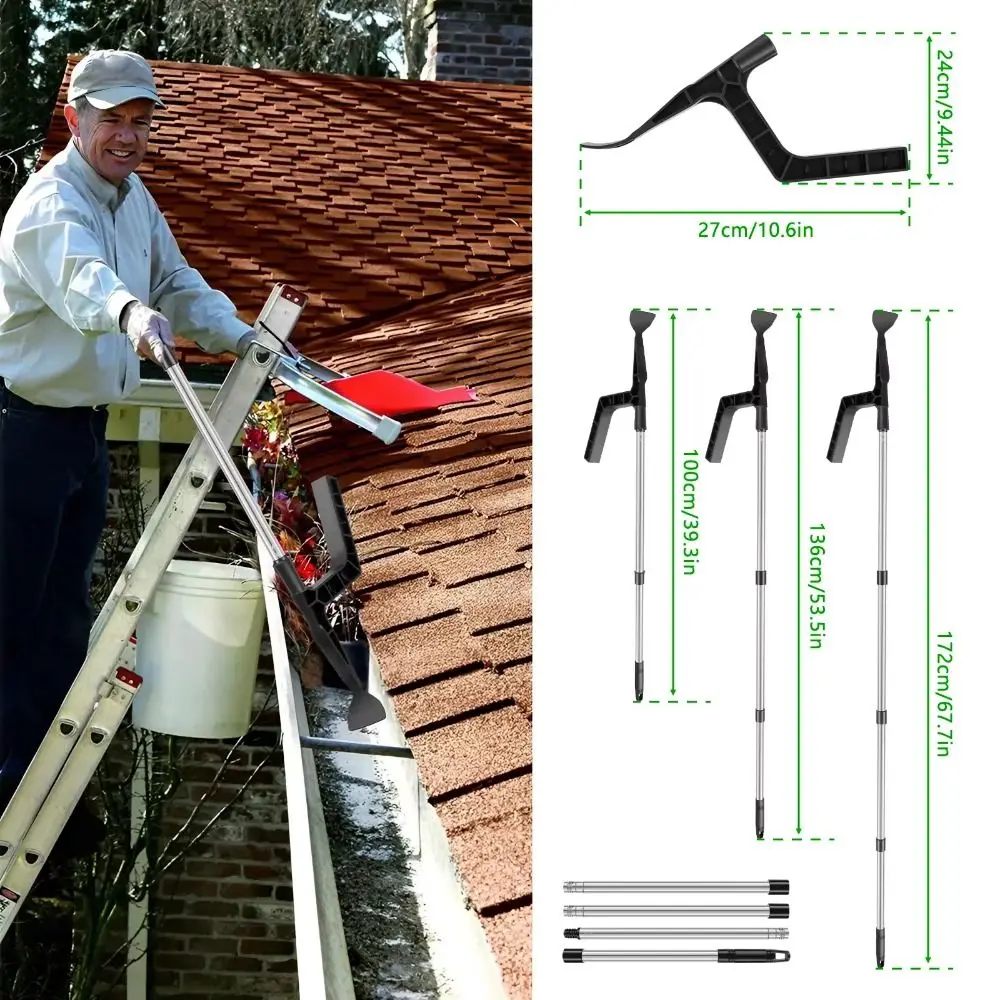 

Gutter Cleaning Tool with 70.8in Splicing Pole Handle Portable Gutter Cleaning Brush Leaf Roofing Detachable Guard